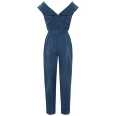 Femponiq Off Shoulder Belted Vegan Jumpsuit (Dark Denim Blue)