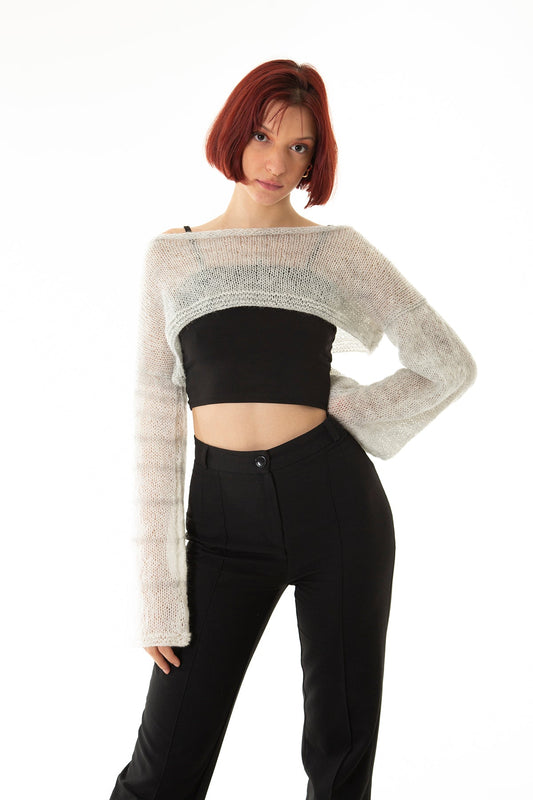 Handarte Los Angeles Gri Salaş Angora Crop Top