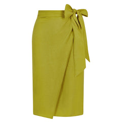 Linen and Cupro-Blend Bow Tie Wrap Vegan Skirt (Olive Green)