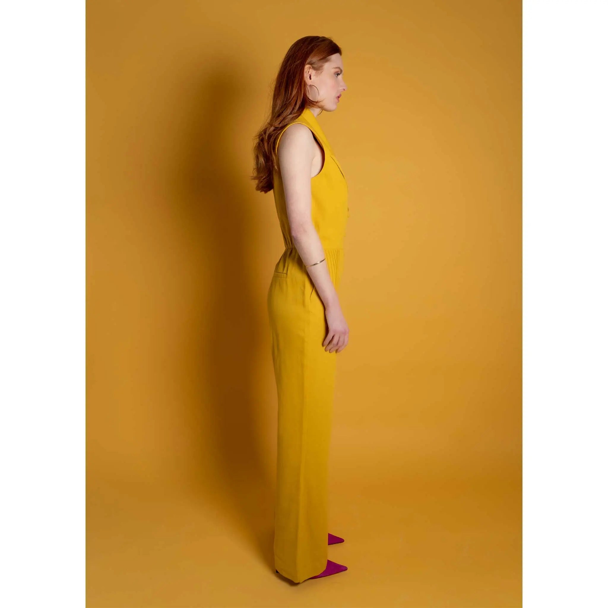 Femponiq Double Breasted Shawl Lapel Jumpsuit (Mustard Yellow)