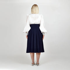 High-Waisted Pleated Midi Skirt with Asymmetric Slits (Navy)