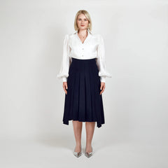 High-Waisted Pleated Midi Skirt with Asymmetric Slits (Navy)