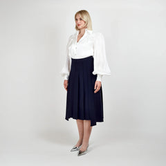 High-Waisted Pleated Midi Skirt with Asymmetric Slits (Navy)