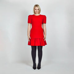Pleated Shoulder Peplum Hem Cady Dress (Watermelon Red)