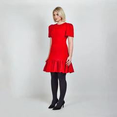 Pleated Shoulder Peplum Hem Cady Dress (Watermelon Red)