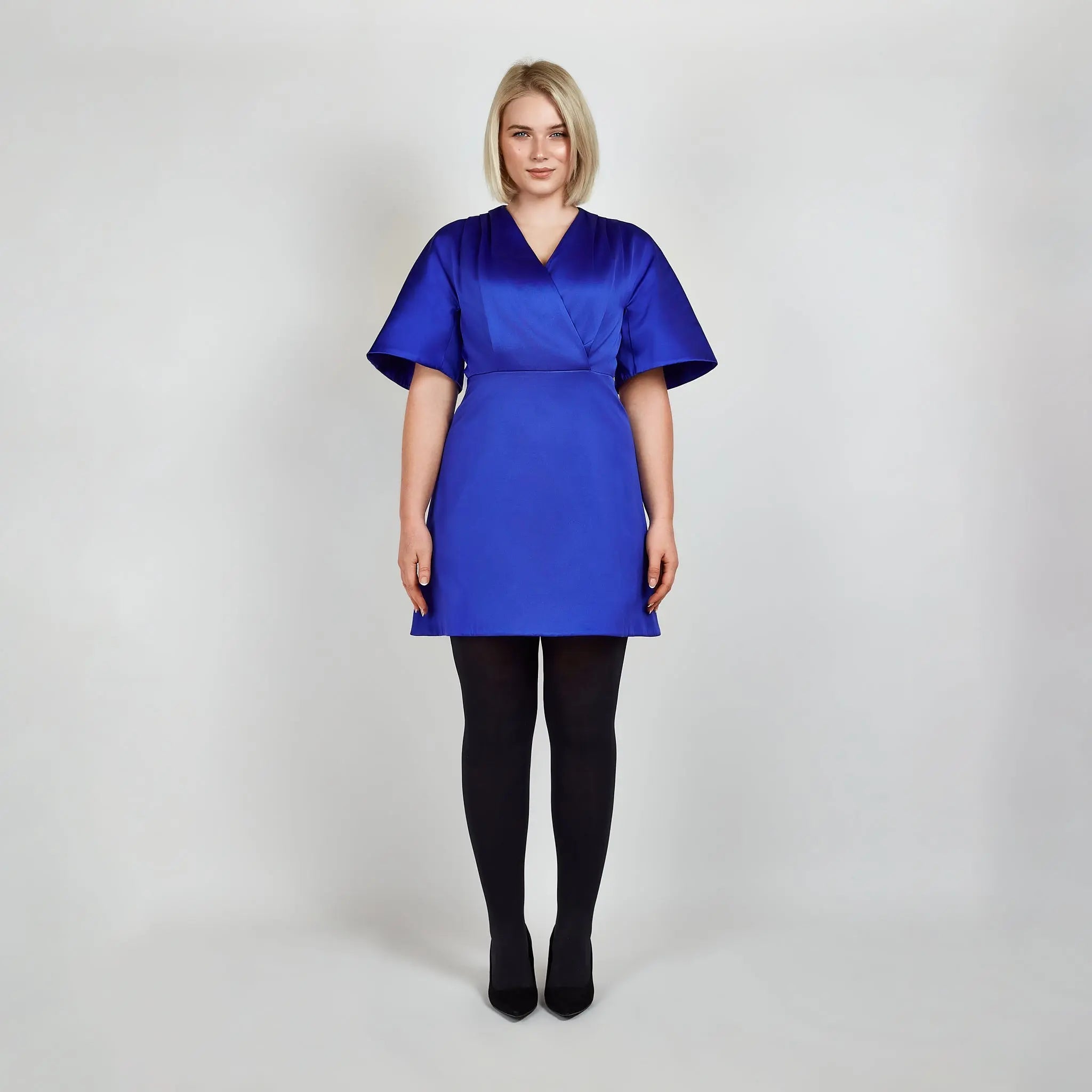 Femponiq Pleated Shoulder Royal Blue Flared Kimono Elbise