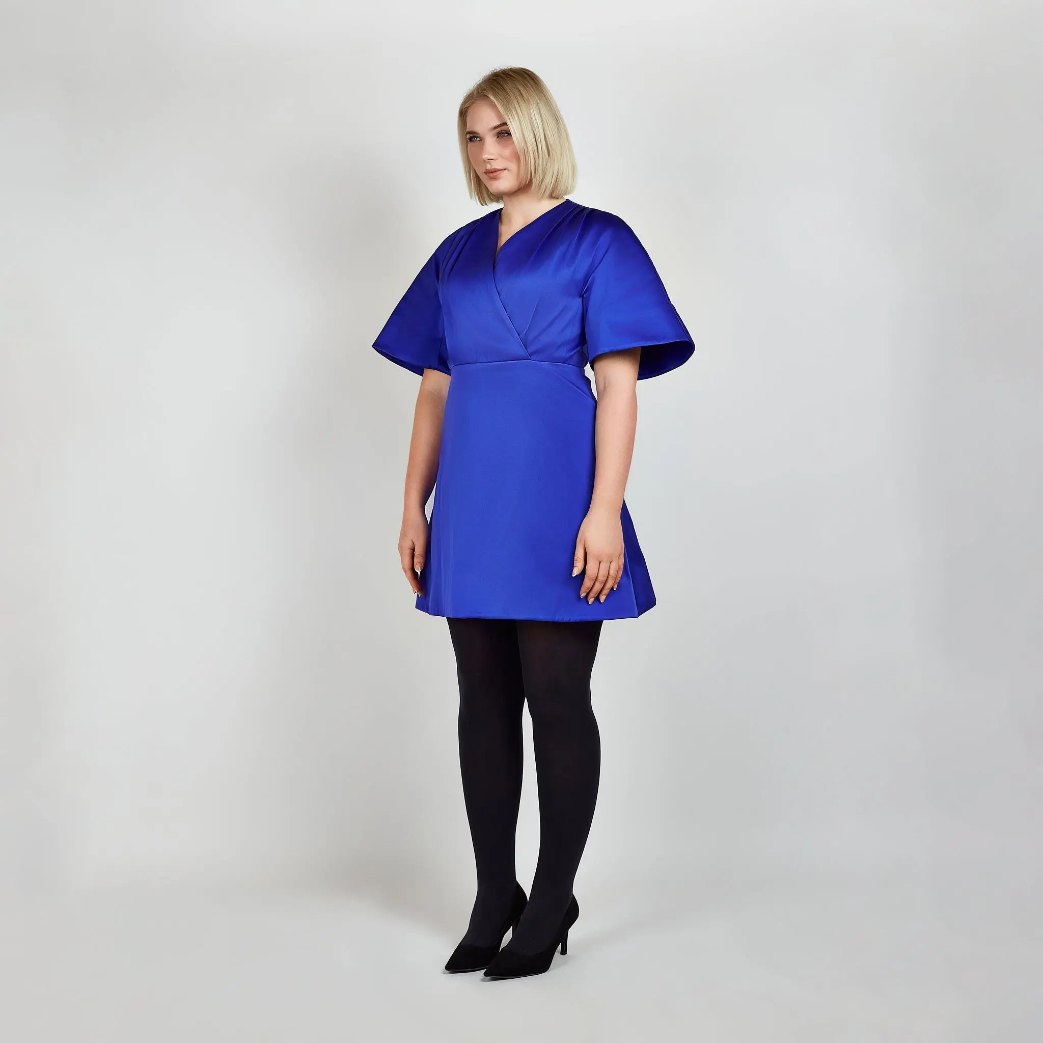 Femponiq Pleated Shoulder Royal Blue Flared Kimono Elbise