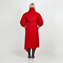 Wide Lapel Asymmetric Belted Midi Cotton Dress (Red)