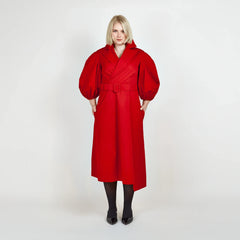 Wide Lapel Asymmetric Belted Midi Cotton Dress (Red)