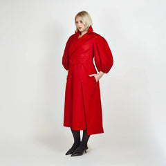 Wide Lapel Asymmetric Belted Midi Cotton Dress (Red)