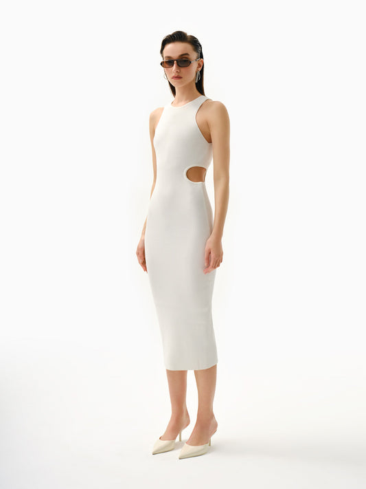 Knitology KNTLGY Asymmetric Cut-Out White Midi Dress