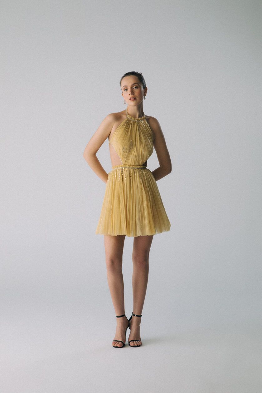 Esra Adıgüzel HEMERA – Halter Neck Crystal Stone Embroidered Mini Tulle Dress