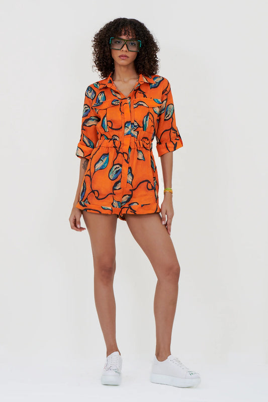 Eloshé Linen Short Jumpsuit Vibrant Orange JEDSSM102
