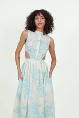 Eloshé Stand Collar Linen Midi Dress with Open Side JEDSSM105