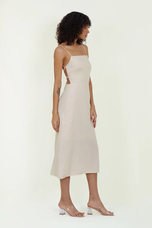 Eloshé Cream Midi Linen Dress with Back Decollete JEDSSM107