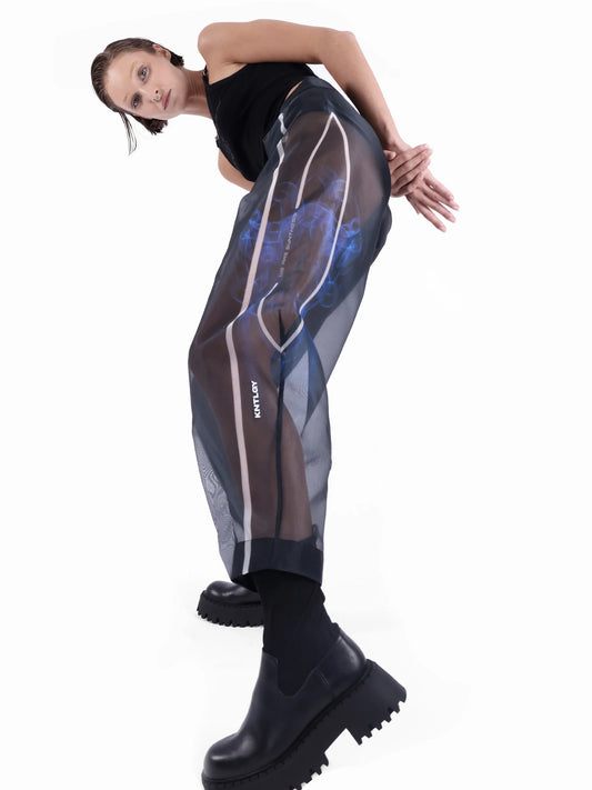 KNTLGY Super Woman Limited Edition AI Print Black Organza Trousers