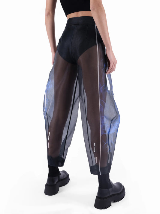 KNTLGY Super Woman Limited Edition AI Print Black Organza Trousers