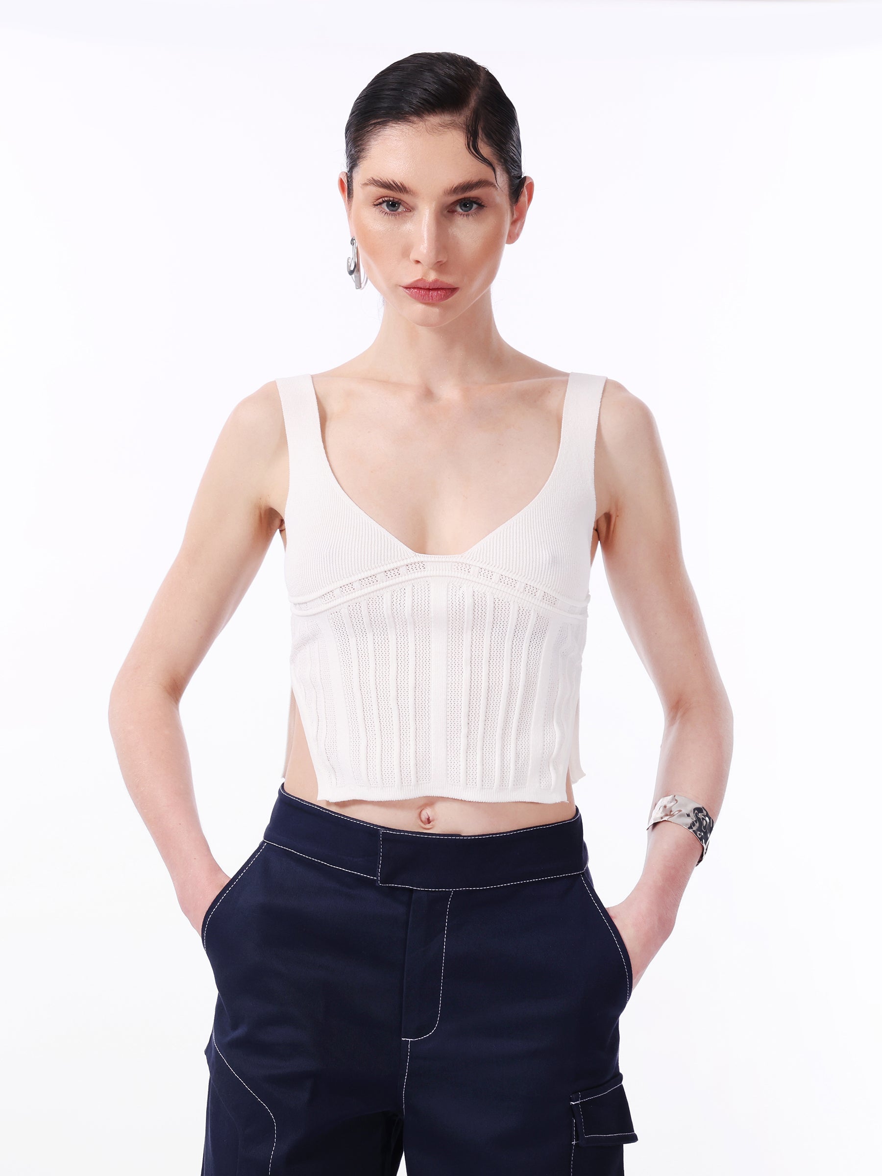 KNTLGY White Knitted Corset-Looking Top