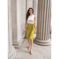 Linen and Cupro-Blend Bow Tie Wrap Vegan Skirt (Olive Green)
