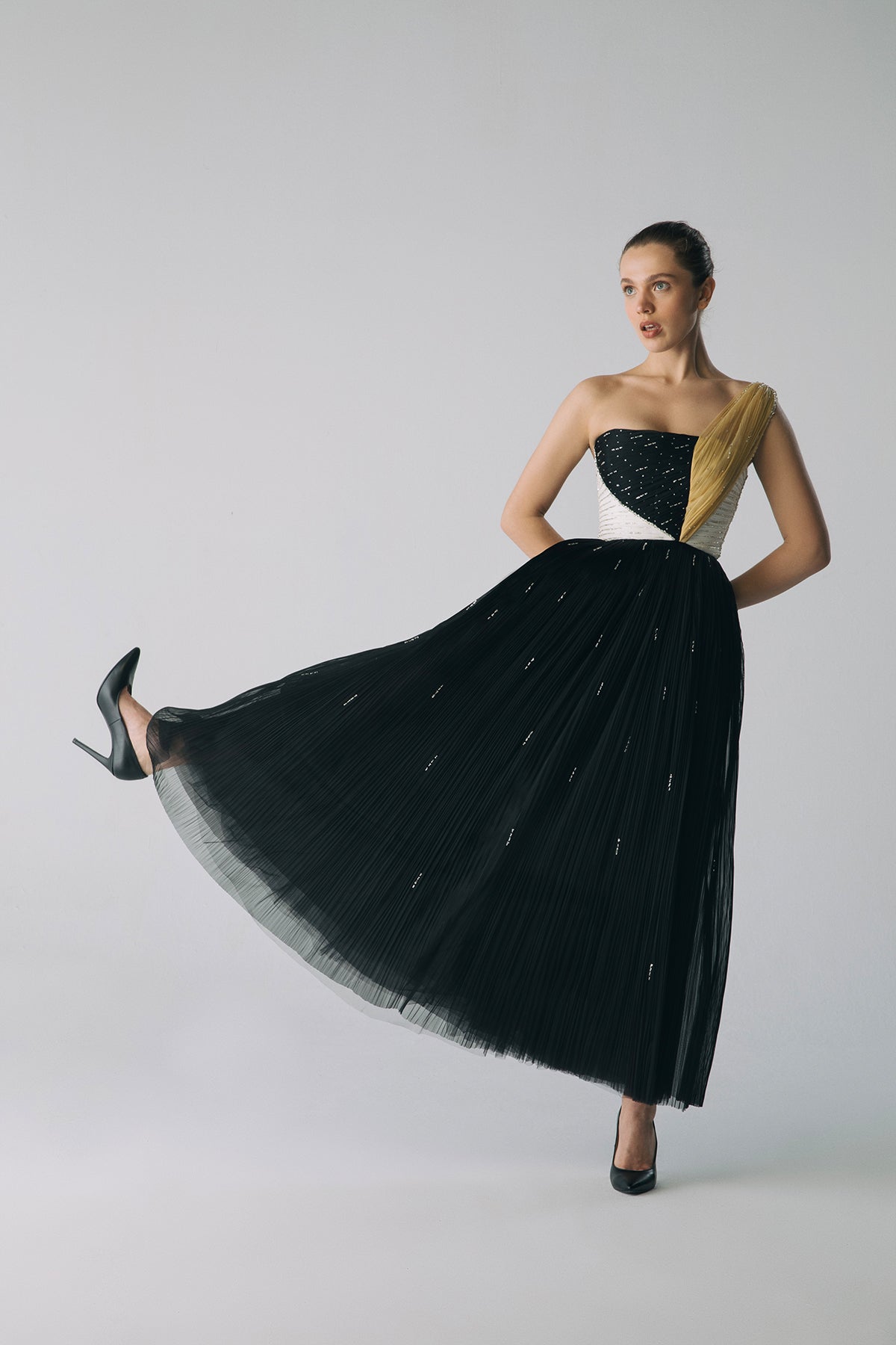Esra Adıgüzel MOIR – One Shoulder Drape Detailed Crystal Stone Embroidered Midi Dress