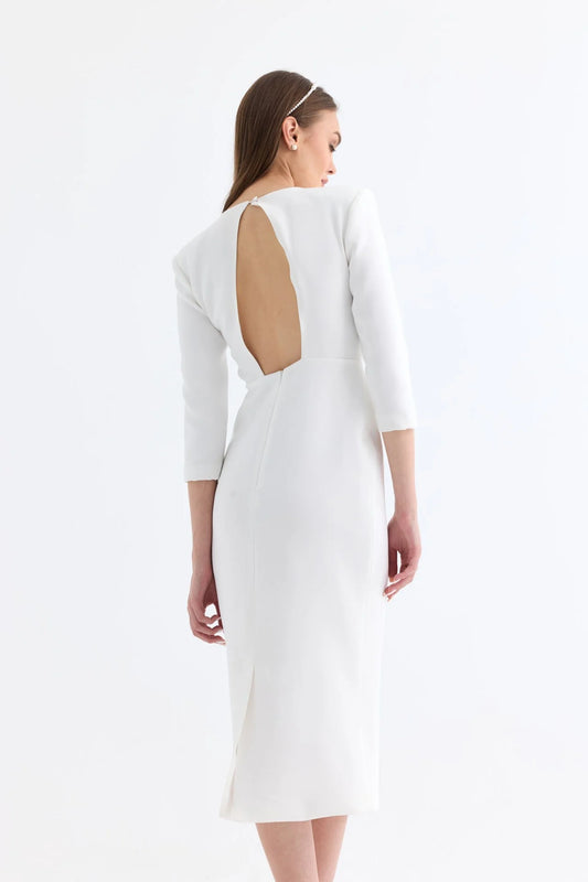 Manshet Iris Midi Length Evening Dress with Back Decollete (White)