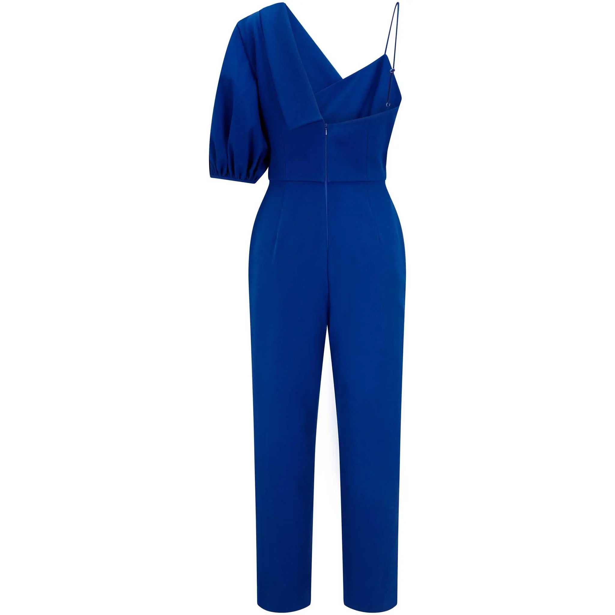 Femponiq Royal Blue Peak Lapel Puff Sleeve Crepe Jumpsuit
