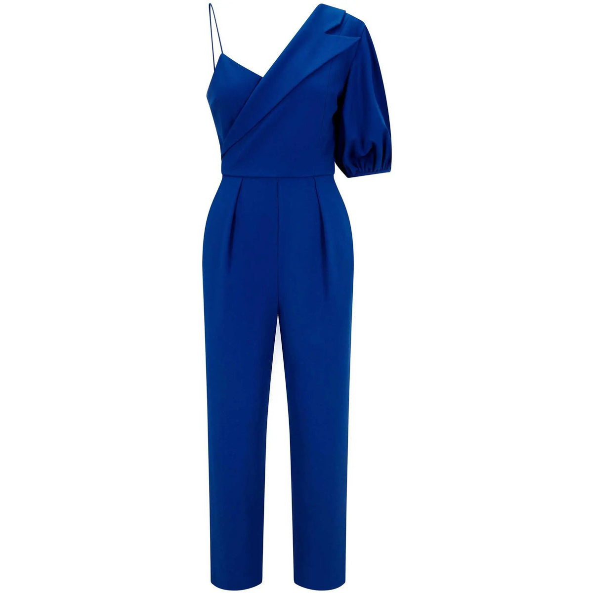 Femponiq Royal Blue Peak Lapel Puff Sleeve Crepe Jumpsuit