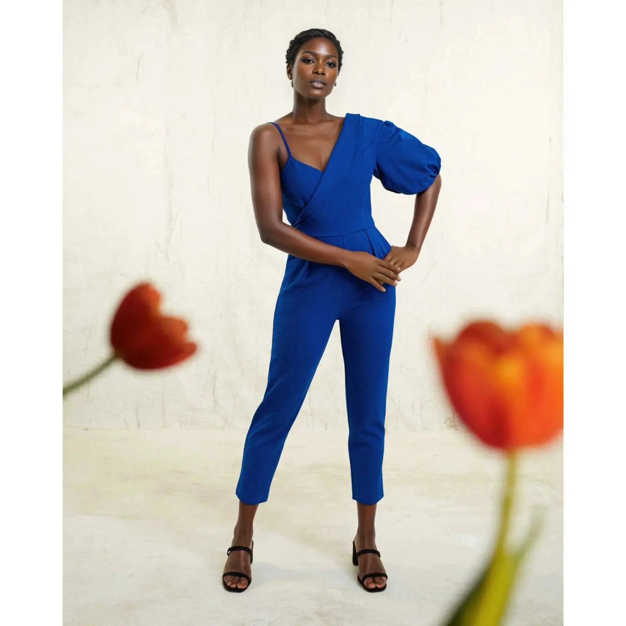 Femponiq Royal Blue Peak Lapel Puff Sleeve Crepe Jumpsuit