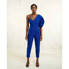Femponiq Royal Blue Peak Lapel Puff Sleeve Crepe Jumpsuit