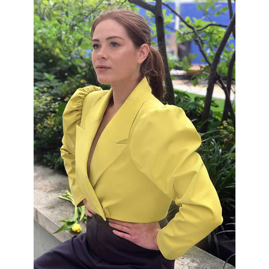 Femponiq Puf Omuz Kısa Pamuklu Blazer (Hardal Sarısı)