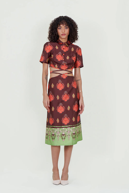 Eloshé Brown Lace-up Crop Shirt and Midi Skirt REDSSM101
