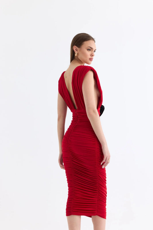 Manshet The Velvet Low-Cut Midi Elbise (Kırmızı)