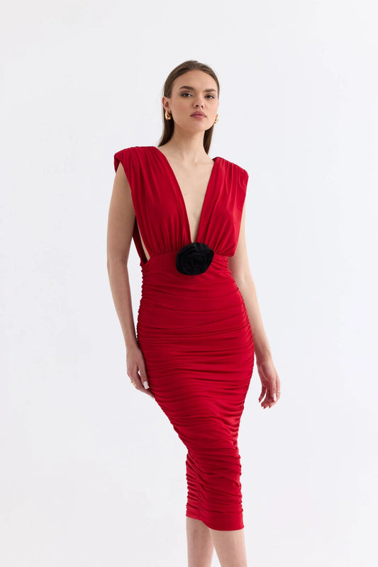 Manshet The Velvet Low-Cut Midi Elbise (Kırmızı)