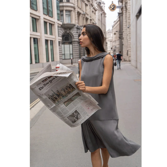 Roll Collar Vegan Dress with Cutaway Neck (Charcoal Grey)
