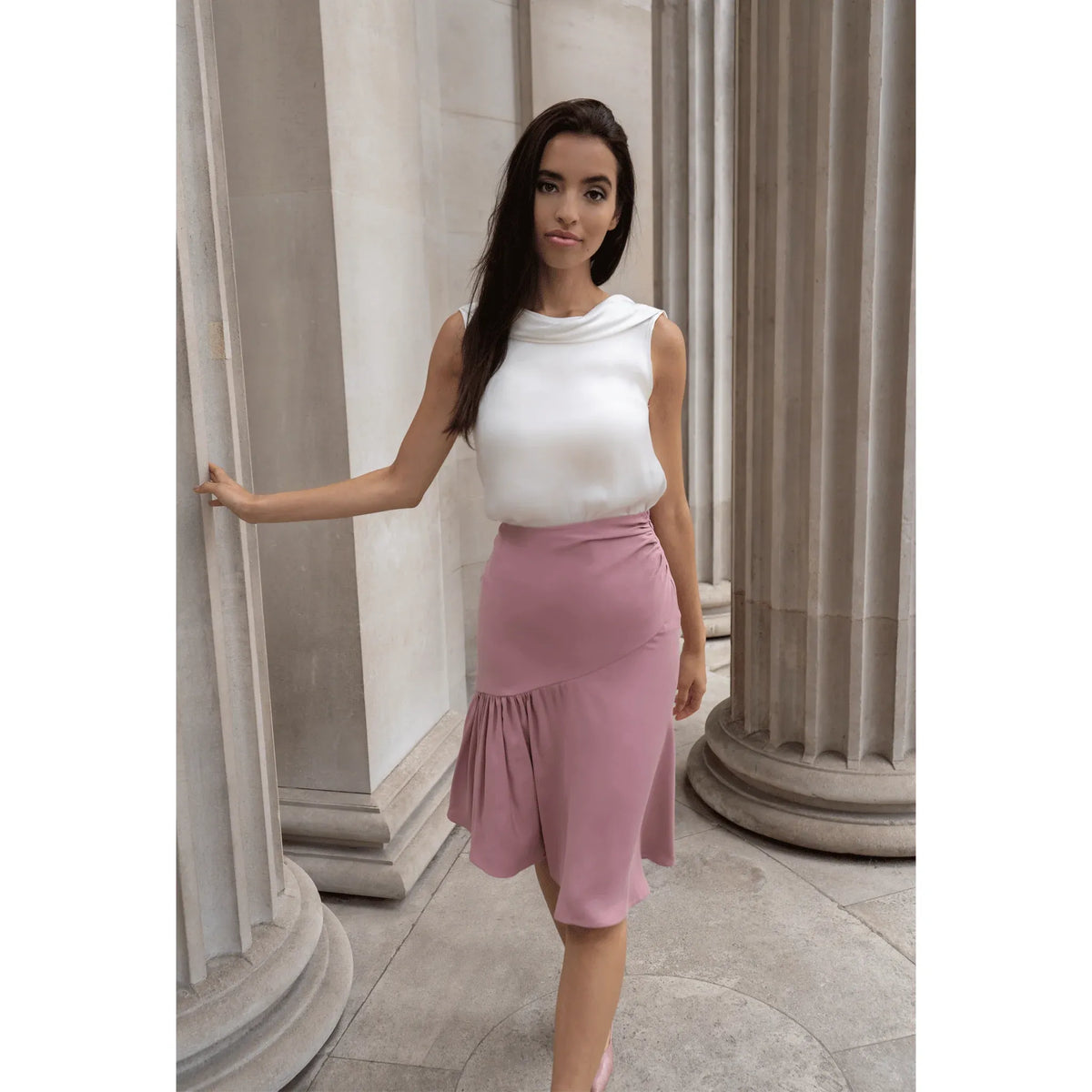 Roll Collar Vegan Top with Cutaway Neck (Pearl White)