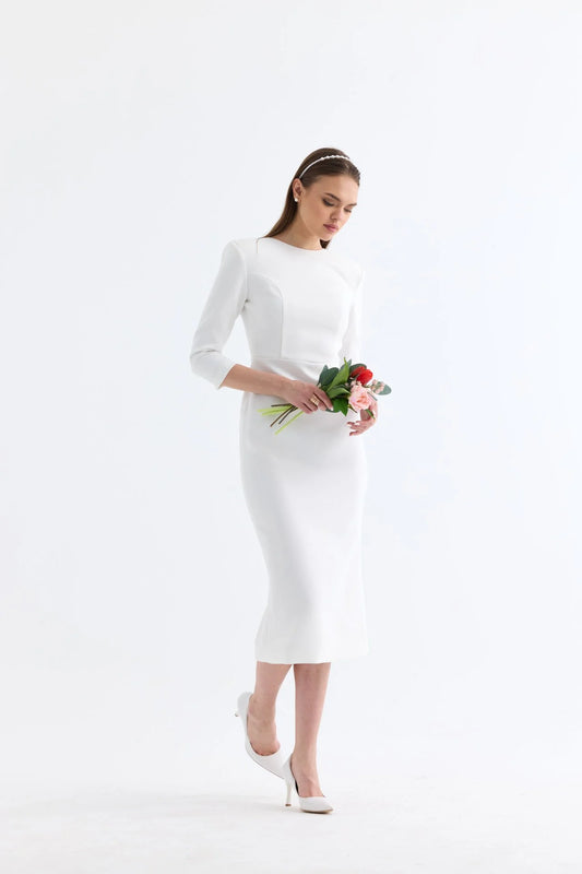 Manshet Bloom / Strapless Midi Length Evening Dress (White)