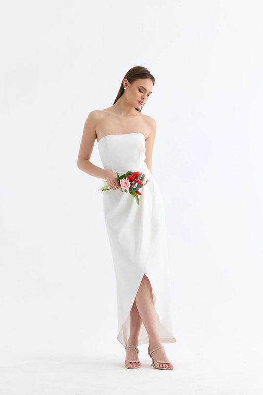 Manshet Bloom / Strapless Midi Length Evening Dress (White)