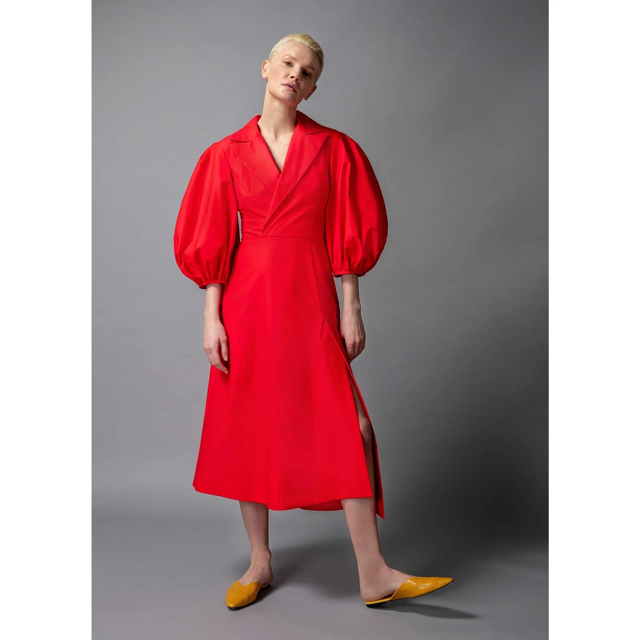 Femponiq Wide Lapel Asymmetric Cotton Elbise (Flame Scarlet)