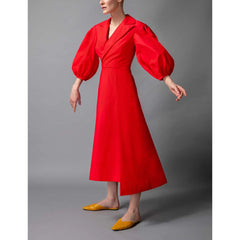 Femponiq Wide Lapel Asymmetric Cotton Elbise (Flame Scarlet)