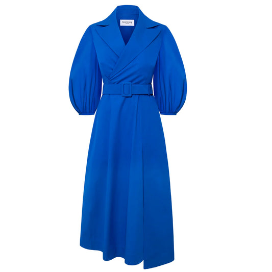 Femponiq Wide Lapel Asymmetric Belted Midi Cotton Dress (Blue)