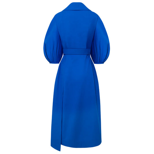 Femponiq Wide Lapel Asymmetric Belted Midi Cotton Dress (Blue)