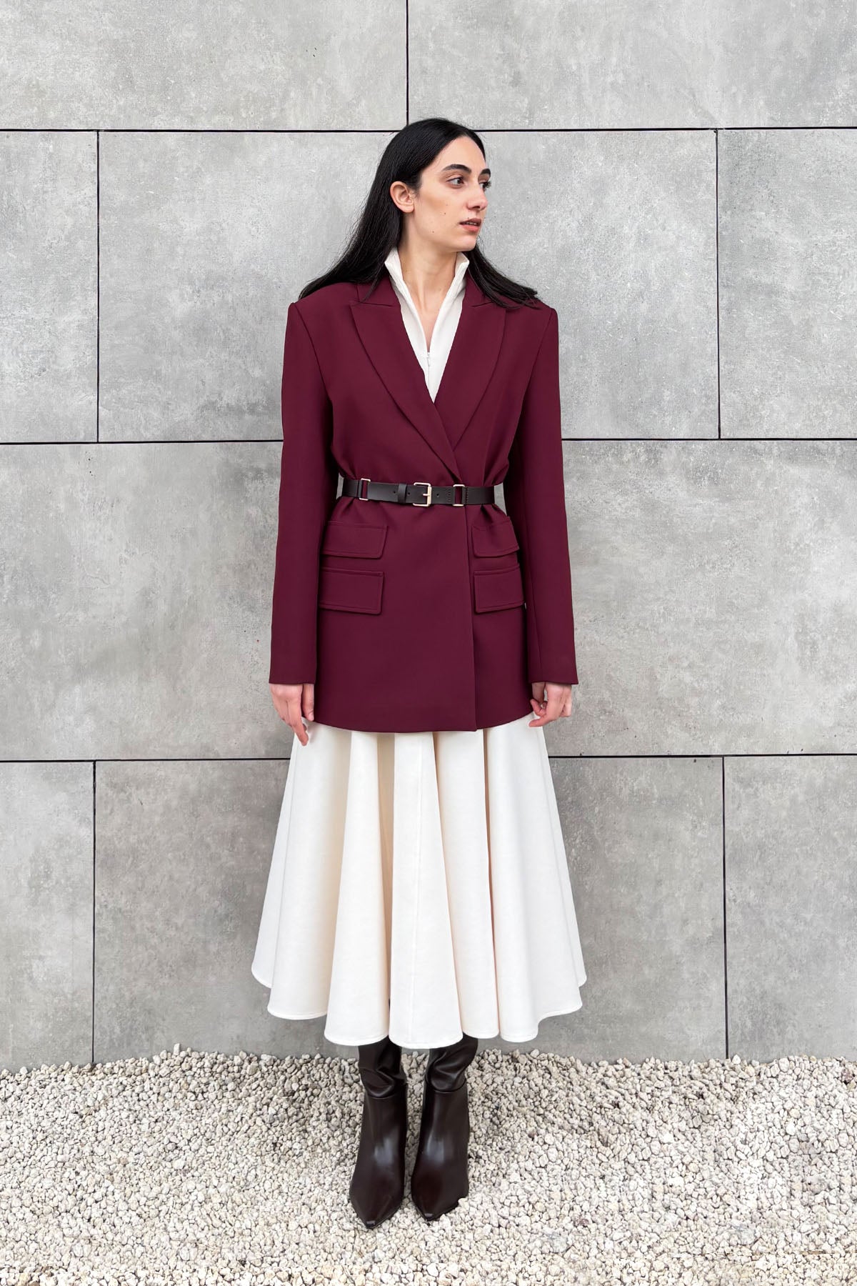 Crescent Line Rosette Midi Boy Elbise Krem