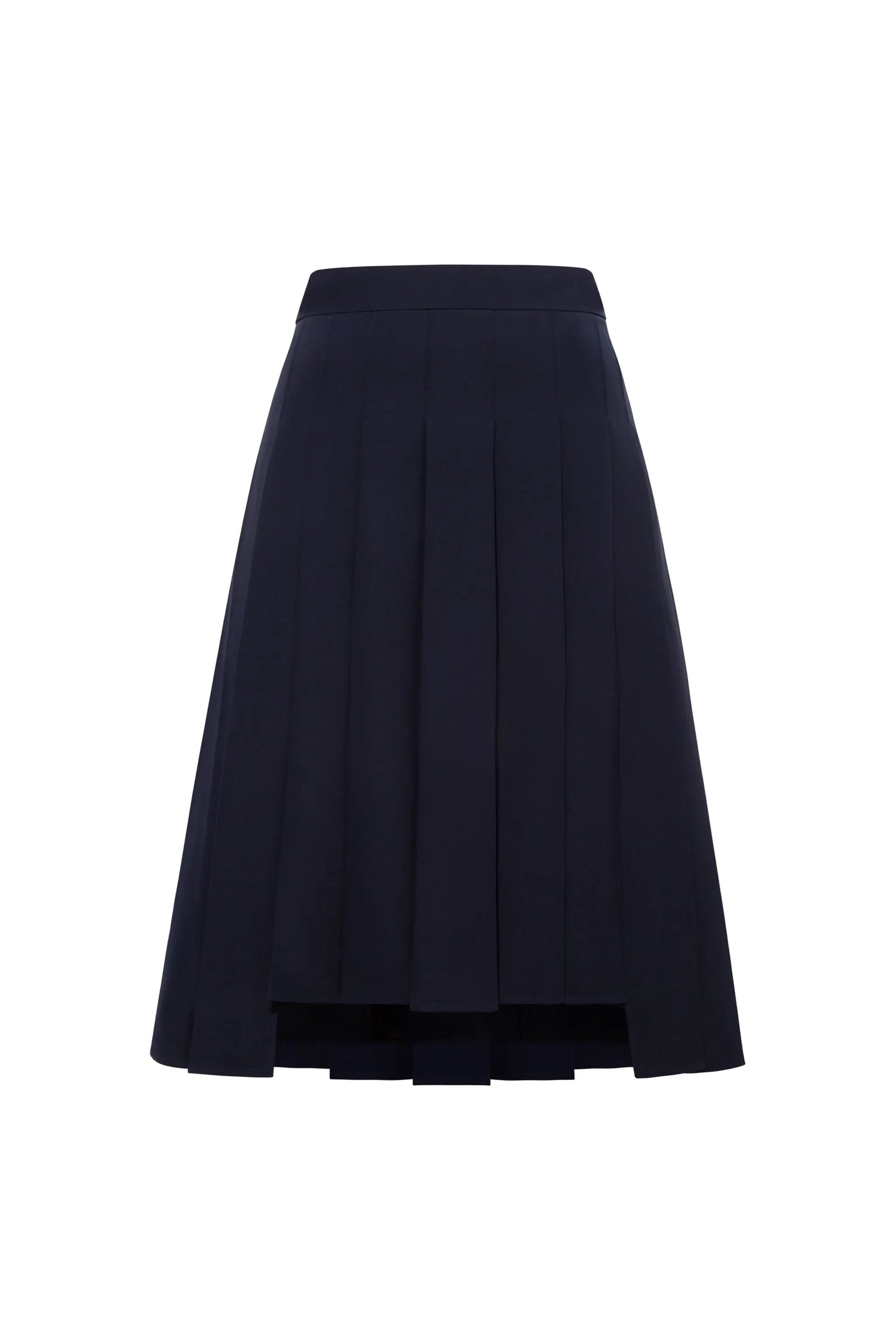 Femponiq High-Waisted Pleated Midi Skirt with Asymmetric Slits (Navy)