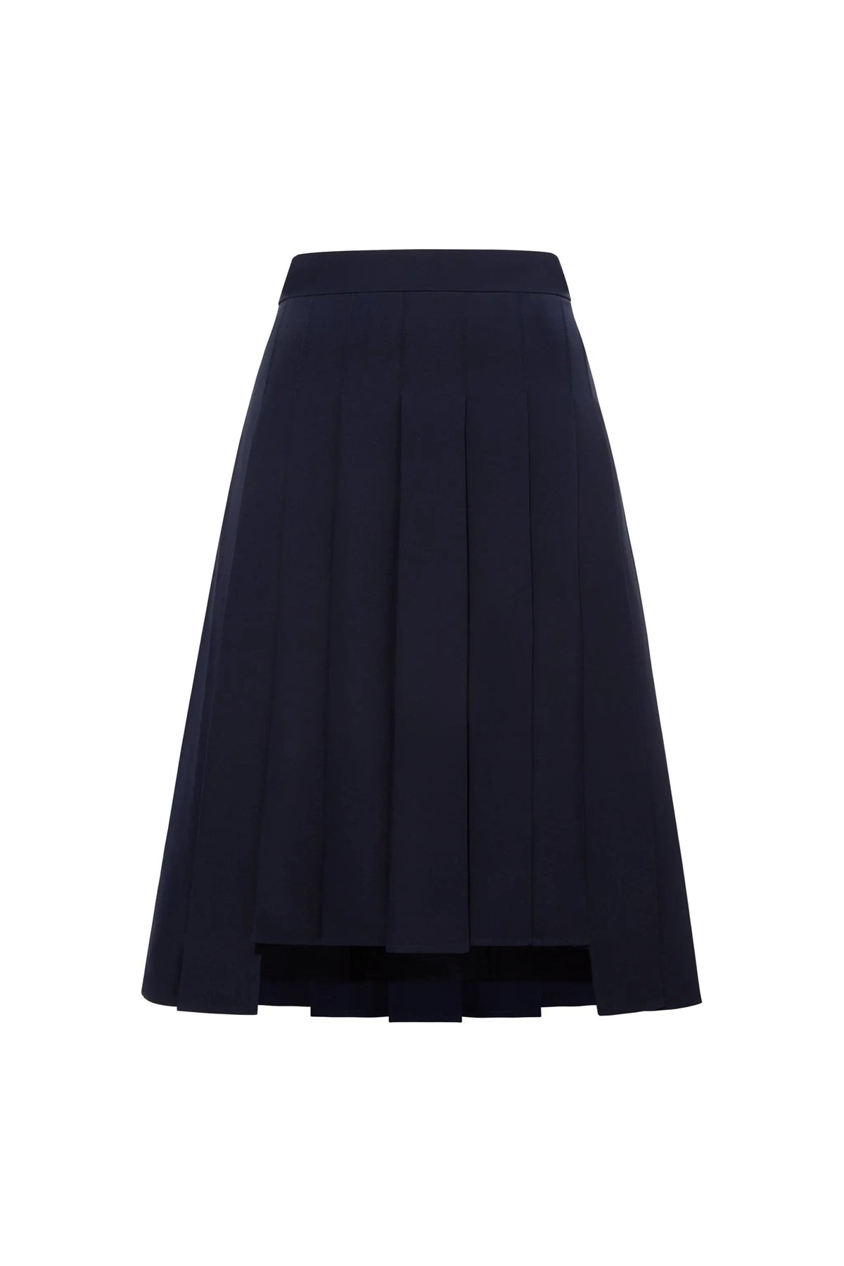 Femponiq High-Waisted Pleated Midi Skirt with Asymmetric Slits (Navy)
