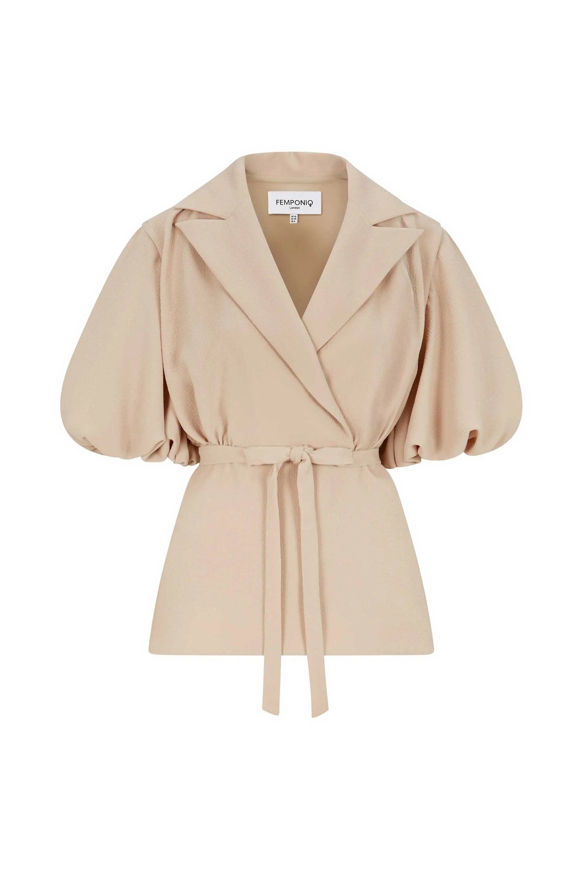 Femponiq London Draped Puff Sleeve Tailored Blouse (Beige)