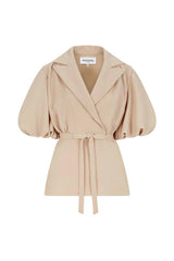 Femponiq London Draped Puff Sleeve Tailored Blouse (Beige)