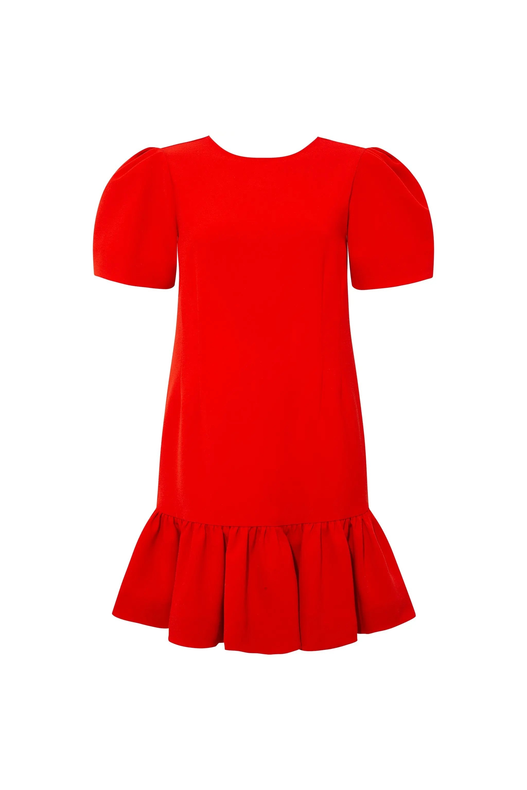 Femponiq London Pleated Shoulder Peplum Hem Cady Dress (Watermelon Red)