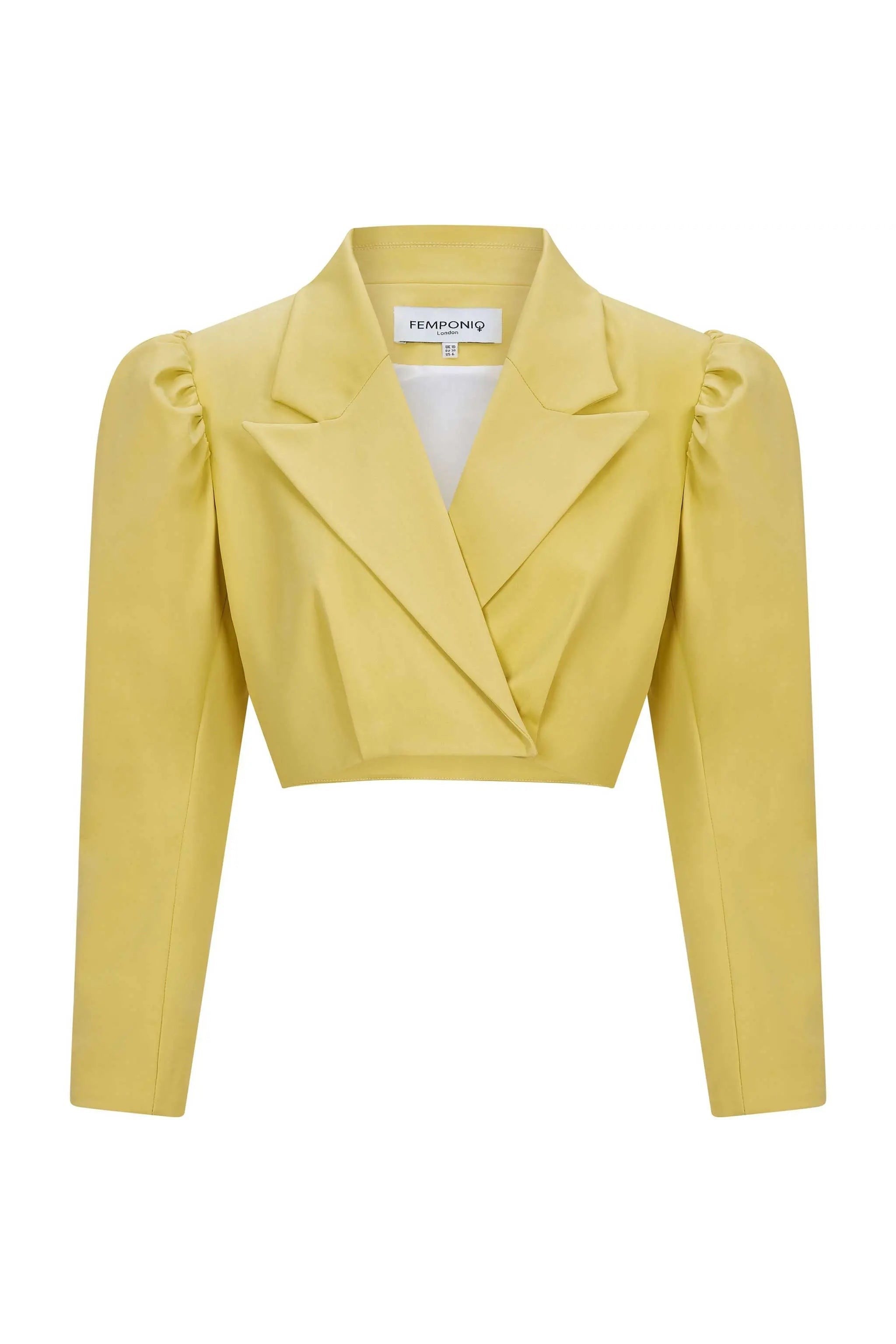 Femponiq Puff Shoulder Cropped Cotton Blazer (Mustard Yellow)