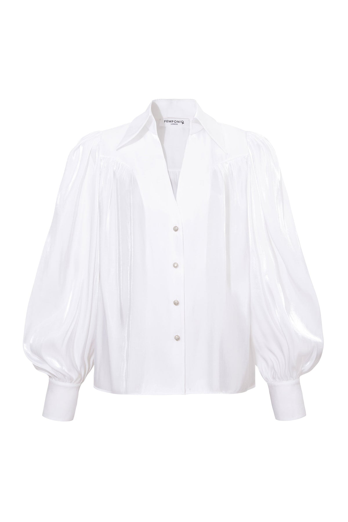 Femponiq Puff Sleeve V-Neck Gathered Shirt (Sheer White)