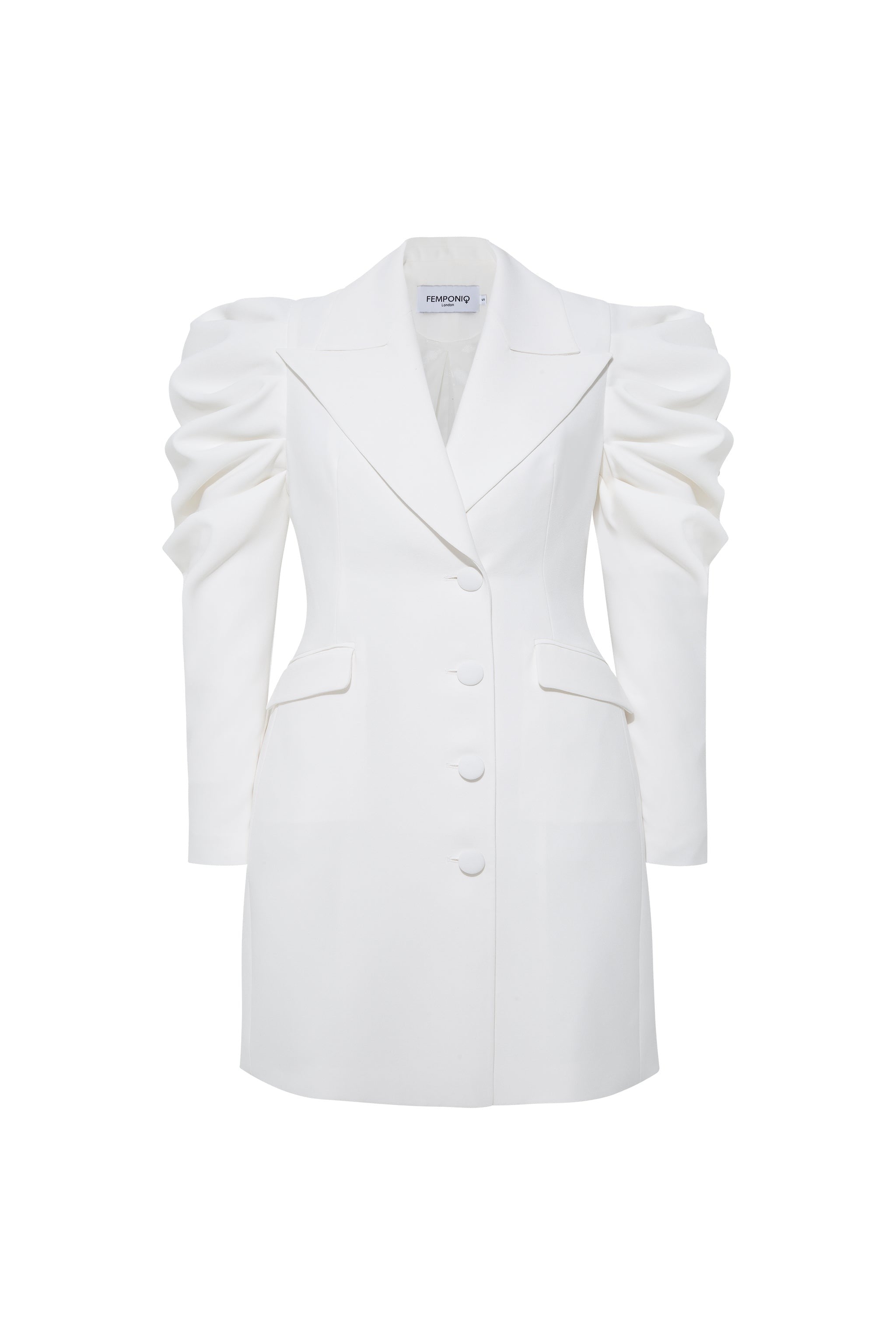 Femponiq Tailored Draped Sleeved White Blazer Dress